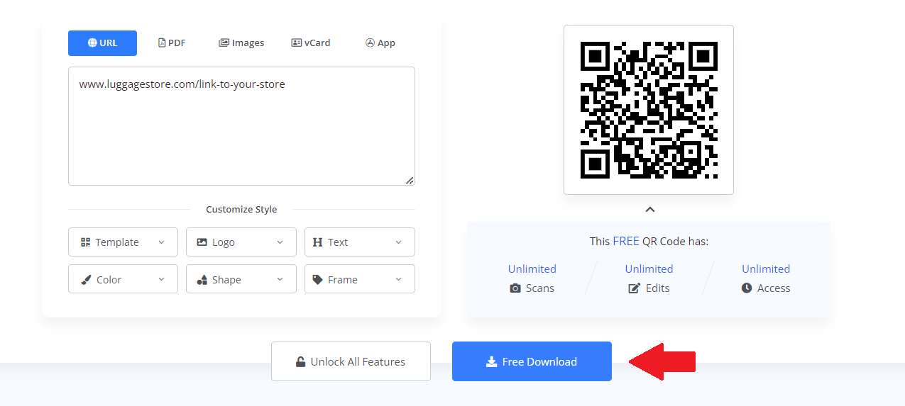 unlimited free QR code download for all pizza place business